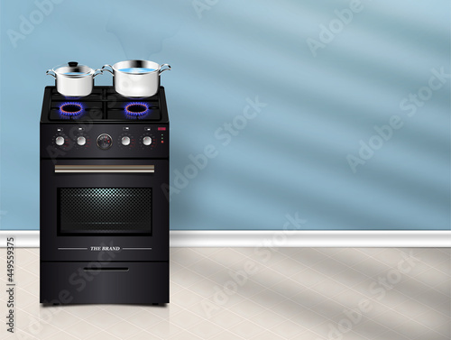Vector 3D kitchen gas stove with a set of pans. Illustration for background design of kitchen household appliances.