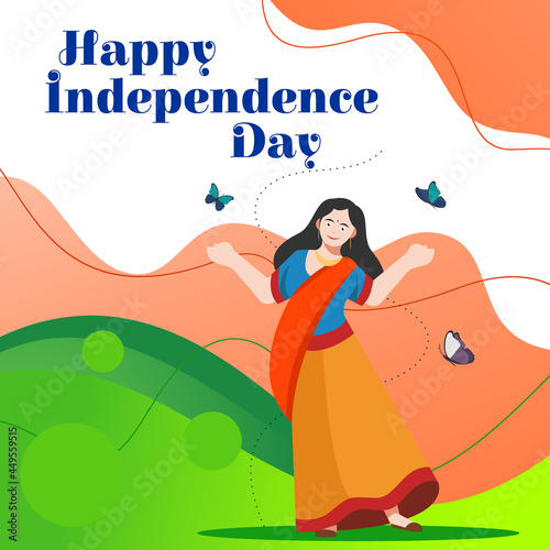 In this poster,  Young ladies and butterflies happily dancing and celebrate Independence Day of India.