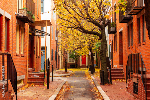 Fototapeta Naklejka Na Ścianę i Meble -  Autumn alleyway in a traditional neighborhood in Philadelphia, Pennsylvania, USA.