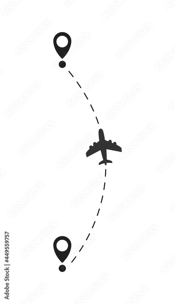 Airplane path vector icon, route dotted line, with start point and end, isolated on white background Airplane path vector icon, route dotted line, with start point and end, isolated on white background