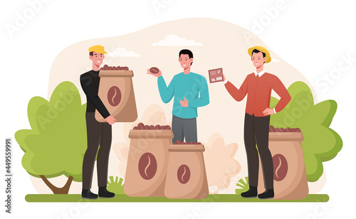 Farmer in coffee plantation supply beans to coffee maker. High quality production chain. Business negotiation. Flat illustration cartoon vector concept design isolated on white background