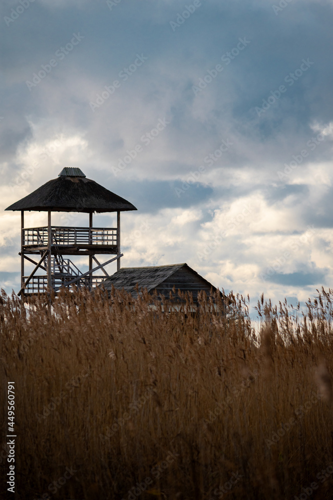 A wooden bird watchtower against a dramatic sky in Randu meadow in Latvia A wooden bird watchtower against a dramatic sky in Randu meadow in Latvia