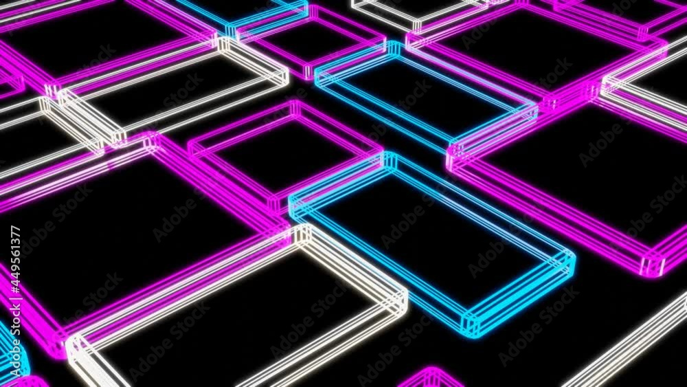 purple turquoise glowing rectangular frames expand and contract against a black background. looped abstract animation. 3d render