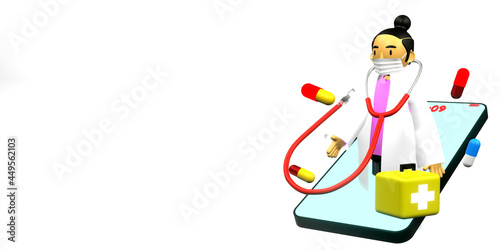 The Doctor, stethoscope, yellow first aid kit, and capsule on the smartphone. Telemedicine concept. 3d render illustration.