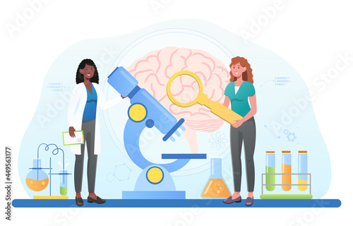 Laboratory scientist study and experiment in human brain and psychology, head tomography, memory research. Flat abstract cartoon illustration vector concept banner design isolated on white background