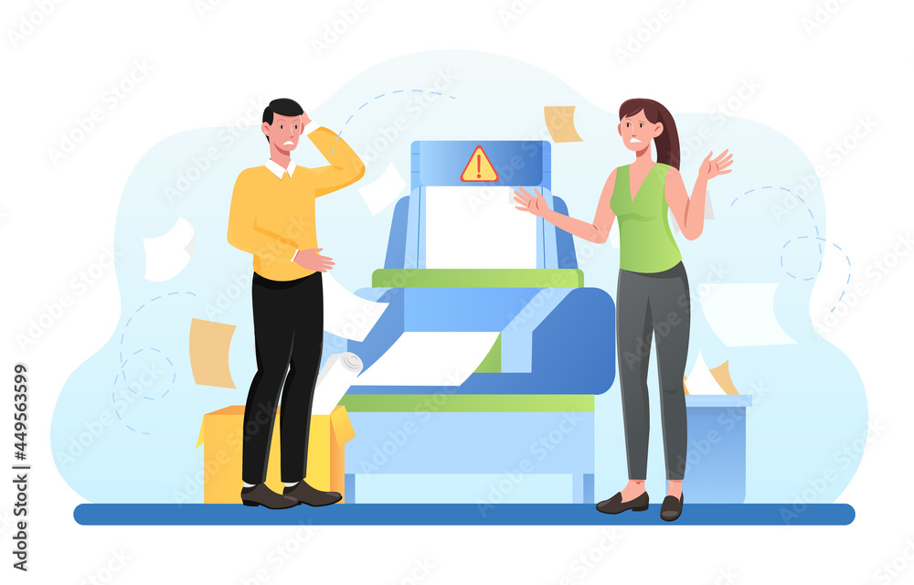 Confused business worker broke copy machine. Service assistance for broken equipment. 24 7 technical support. Flat cartoon illustration vector concept web banner design isolated on white background