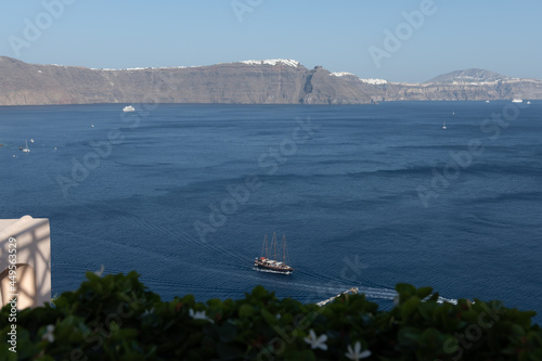 ocean view in Santorini, Greece with blue sky in a sunny warm day in July 2021.