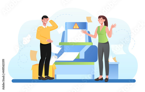 Confused business worker broke copy machine. Service assistance for broken equipment. 24 7 technical support. Flat cartoon illustration vector concept web banner design isolated on white background