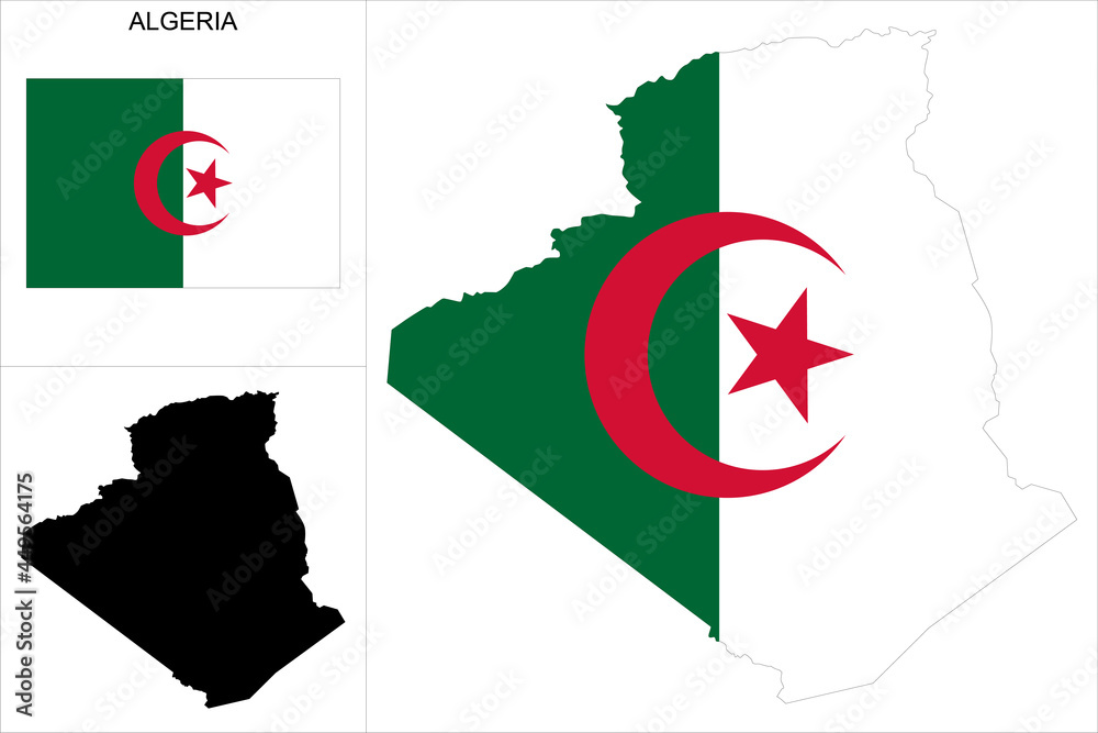 Carte d'Algérie avec fond drapeau algérien - carte sous forme de motif noir et drapeau algérien disponibles séparément