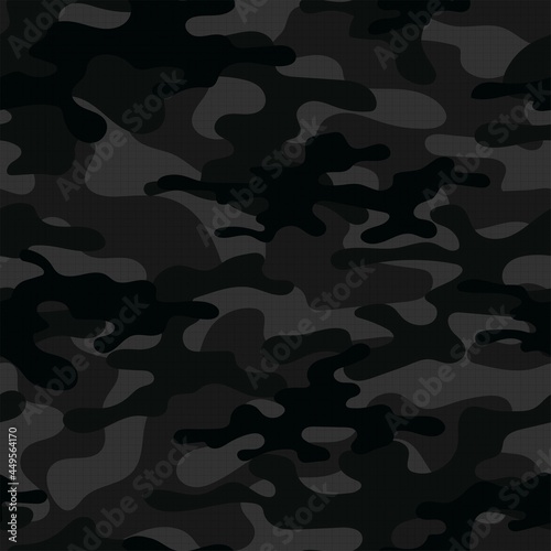 black Camouflage texture seamless pattern with grid. Abstract modern endless military bacnground for fabric and fashion textile print. Vector illustration.