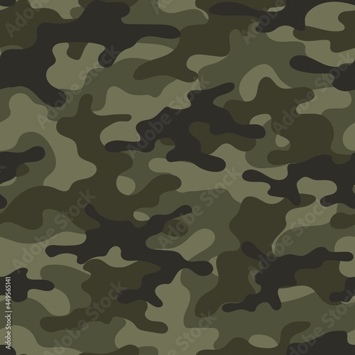 Camouflage green seamless pattern. Trendy style camo, repeat print. Vector illustration. Khaki texture, military army hunting