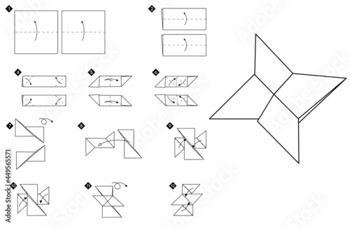  How to make origami  star blade shuriken vector illustration.  Step by step black and white DIY instructions. Outline monochrome vector illustration.