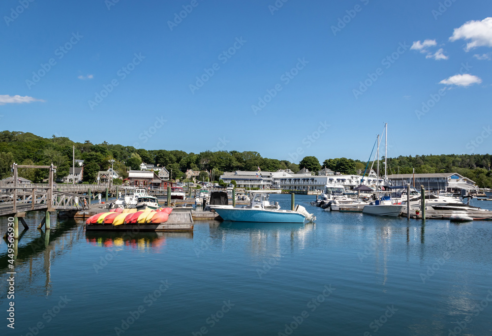 Boats and Lobster docks in Boothbay Harbor Maine on a sunny summer day