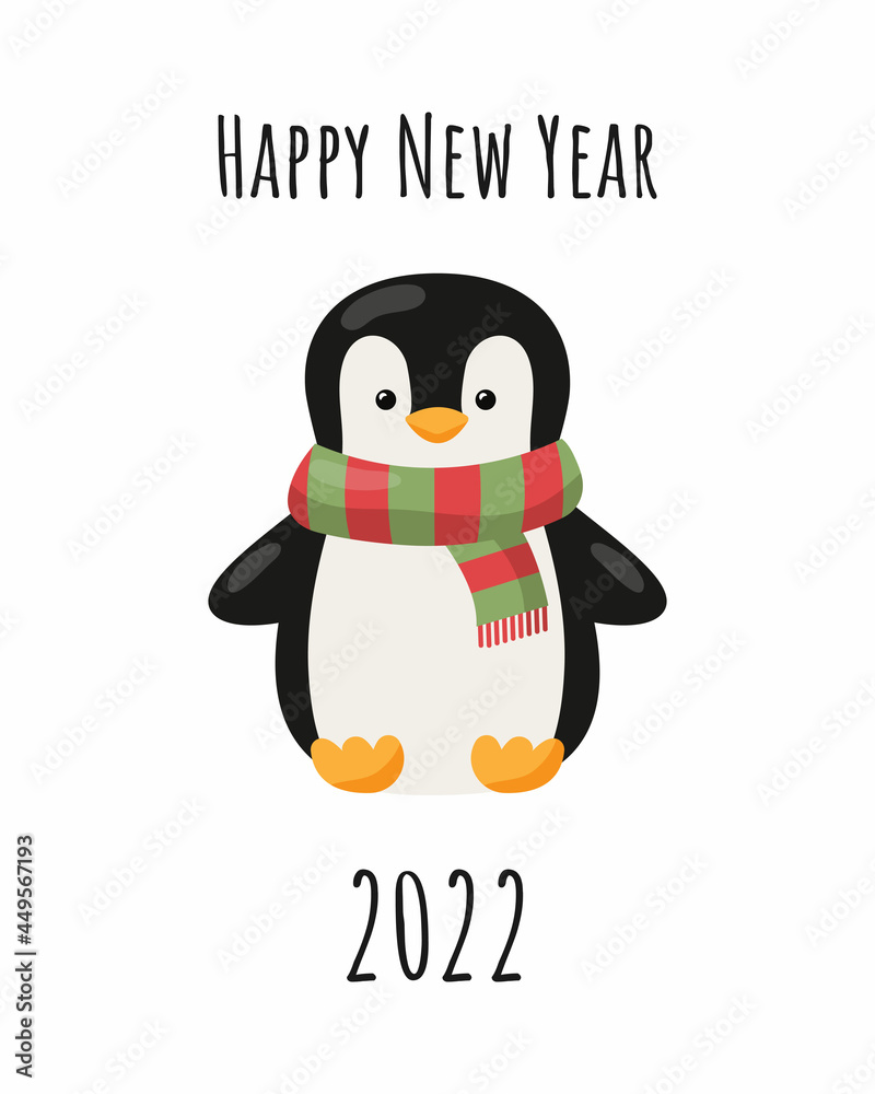 Happy New Year Card with a cute penguin. Vector illustration
