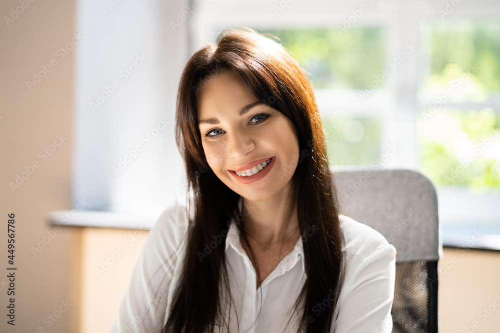 Smiling Casual Woman In Video Conference Smiling Casual Woman In Video Conference
