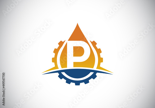 Initial P monogram alphabet with gear swoosh and oil. Oil and gas logo concept. Font emblem. Modern vector logo for petroleum business and company identity
