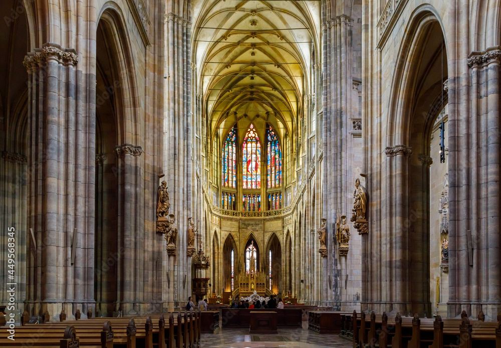 Interior inside the Catholic Cathedral in Prague. Faith and worship concept