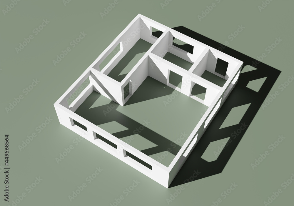 Model of house without roof. Visualization of walls of house. Building walls with windows. Cottage without a roof top view. Illustration on theme of design. House model on olive background. 3d image Model of house without roof. Visualization of walls of house. Building walls with windows. Cottage without a roof top view. Illustration on theme of design. House model on olive background. 3d image