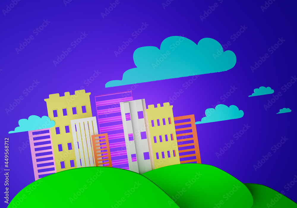 City landscape. High-rise buildings on hill. Illustration with city landscape. Houses on green hill. Purple background. Multi-colored residential buildings. City landscape with downtown.