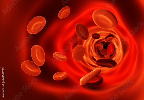 Red blood cells 3d rendering. Medical hematology background with macro erythrocytes. Illustration of closeup hemoglobin streaming, plasma with erythrocyte. Background blood flow and erythrocytes. photo
