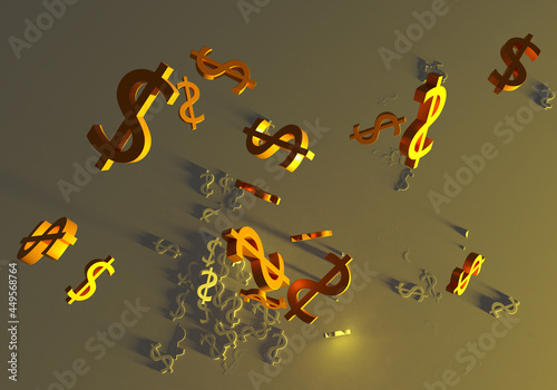 Falling dollar logos. Dollar symbols on brown background. Concept - depreciation of USA dollar. Decrease in value of American currency. USA economic crisis. Finansion background. 3d visualization