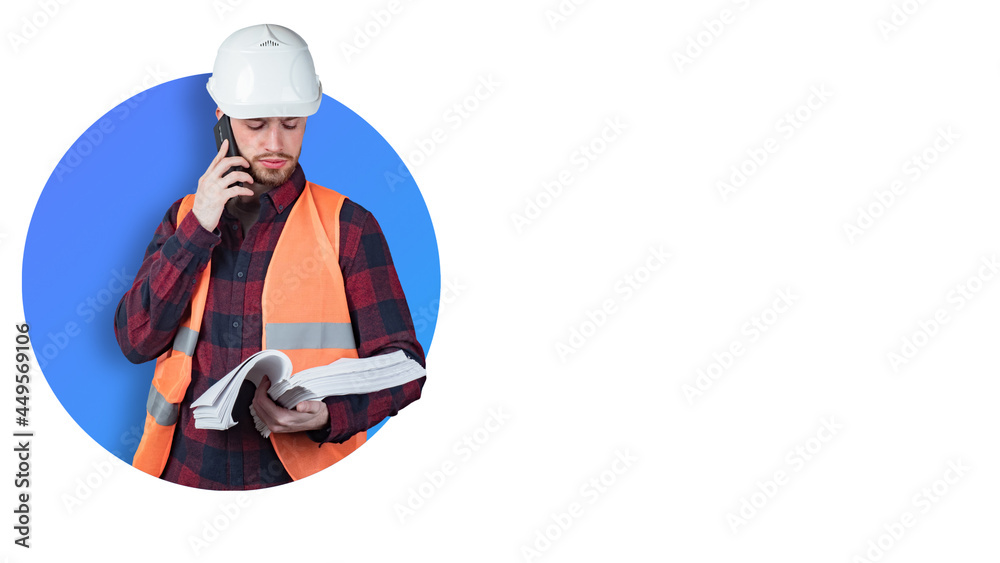 Portrait of builder on white background. Construction man is talking on phone. Negotiating with construction. Builder architect holds bundle of papers. Copy space about construction. Career builder