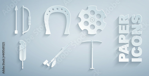 Set Native American indian smoking pipe, Revolver cylinder, Feather pen, Pickaxe, Horseshoe and Bow and arrow quiver icon. Vector