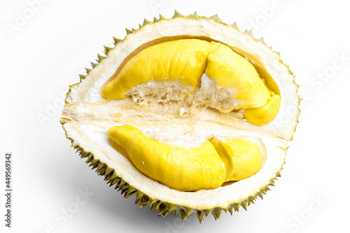 Durian is a fruit that has been referred to as the king of fruits of South East Asia. Durian on white background.