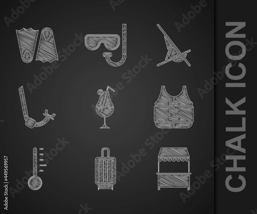 Set Cocktail and alcohol drink, Suitcase, Street stall with awning, Life jacket, Meteorology thermometer, Snorkel, Sunbed and Rubber flippers icon. Vector