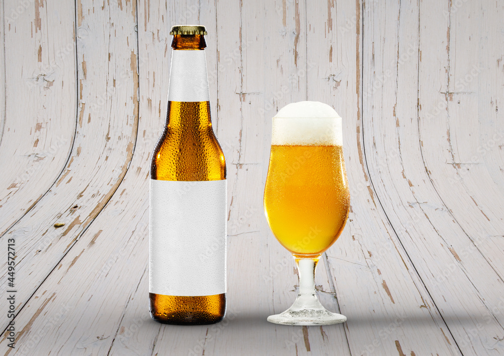 Front view Beer Bottle Mock-Up with glass of session pale ale and foam. Blank Label on wooden background.