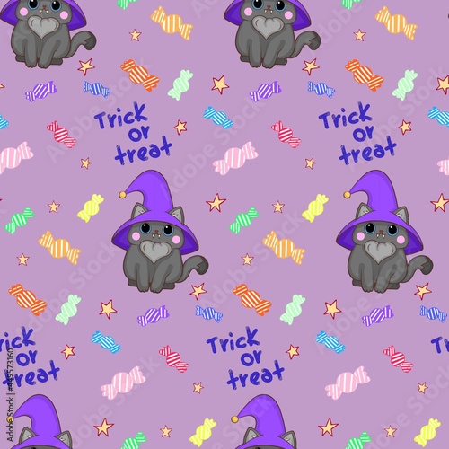 Halloween cat baby vector seamless pattern. Handwritten trick or treat. Halloween seamless pattern with a little cat in witch hat and stars on the background. Cute seamless pattern for little babies