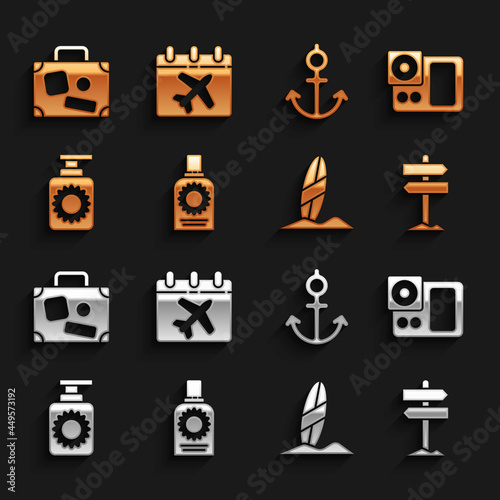 Set Sunscreen spray bottle, Photo camera, Road traffic signpost, Surfboard, Anchor, Suitcase and Calendar and airplane icon. Vector