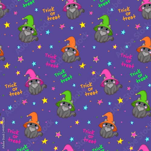 Halloween cat baby vector. Handwritten trick or treat. Halloween seamless pattern with a little cat in witch hat and stars on dark background. Cute October seamless pattern for little babies
