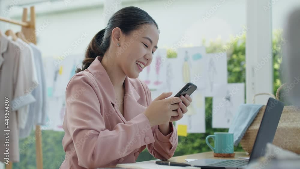 Asia happy people or lady excited sell smile enjoy good news work at home studio office store shop read text of bank fund money approve with crazy joy, sale job win. P2P microfinance app for SME sale. Asia happy people or lady excited sell smile enjoy good news work at home studio office store shop read text of bank fund money approve with crazy joy, sale job win. P2P microfinance app for SME sale.