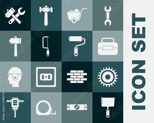 Set Putty knife, Circular saw blade, Toolbox, Shovel, Hacksaw, Hammer, and wrench spanner and Paint roller brush icon. Vector