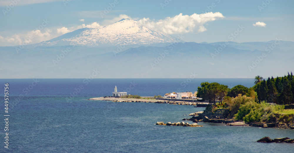 Salina Island, Mount Etna snow covered in 70 km distance
