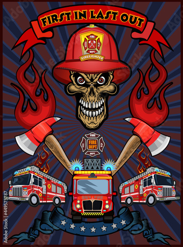 Vintage firefighter labels with crossed axes fireman skull in helmet. Skull in helmet