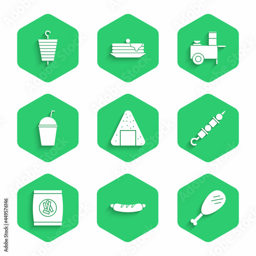 Set Onigiri, Hotdog sandwich, Chicken leg, Grilled shish kebab, Hard bread chucks crackers, Milkshake, Fast street food cart and icon. Vector