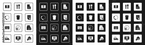 Set Online ordering and delivery, Coffee cup to go, Food, Paper financial check, Fork spoon, burger and icon. Vector
