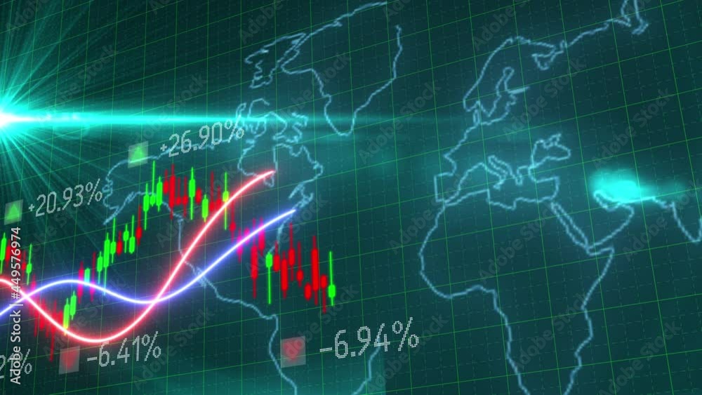 3D Motion of red green candle stick graph chart of stock market trading with animated world map background, Bullish Bearish stock point. Economy trend charts for business. Financial investment concept 3D Motion of red green candle stick graph chart of stock market trading with animated world map background, Bullish Bearish stock point. Economy trend charts for business. Financial investment concept