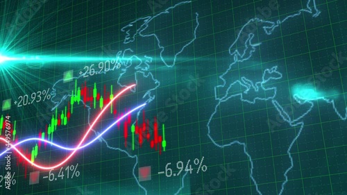 3D Motion of red green candle stick graph chart of stock market trading with animated world map background, Bullish Bearish stock point. Economy trend charts for business. Financial investment concept