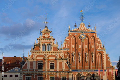 The House of the Blackheads on the Town Hall square in Riga. Front view. Blue sky. Tourism in Europe.
