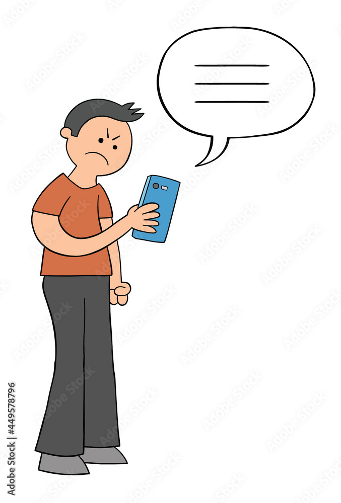 Cartoon man texting on smartphone and angry, vector illustration Cartoon man texting on smartphone and angry, vector illustration