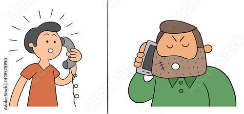 Cartoon guilty man is threatening other man on the phone, vector illustration