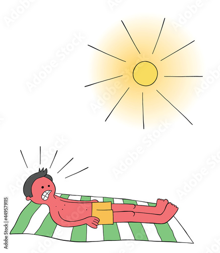 Cartoon man sunbathing on the beach for hours and when he wakes up his whole body is burnt red vector illustration