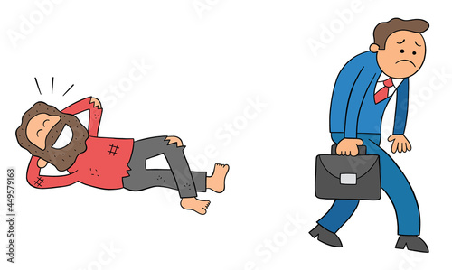 Cartoon businessman goes to work and is unhappy, but homeless man lies on the ground and is very happy, vector illustration
