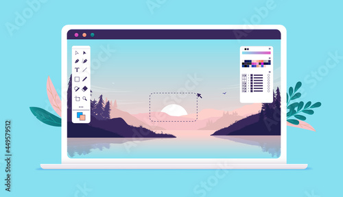 Image editing on laptop computer screen - Photo editor software with user interface and beautiful landscape image. Vector illustration photo