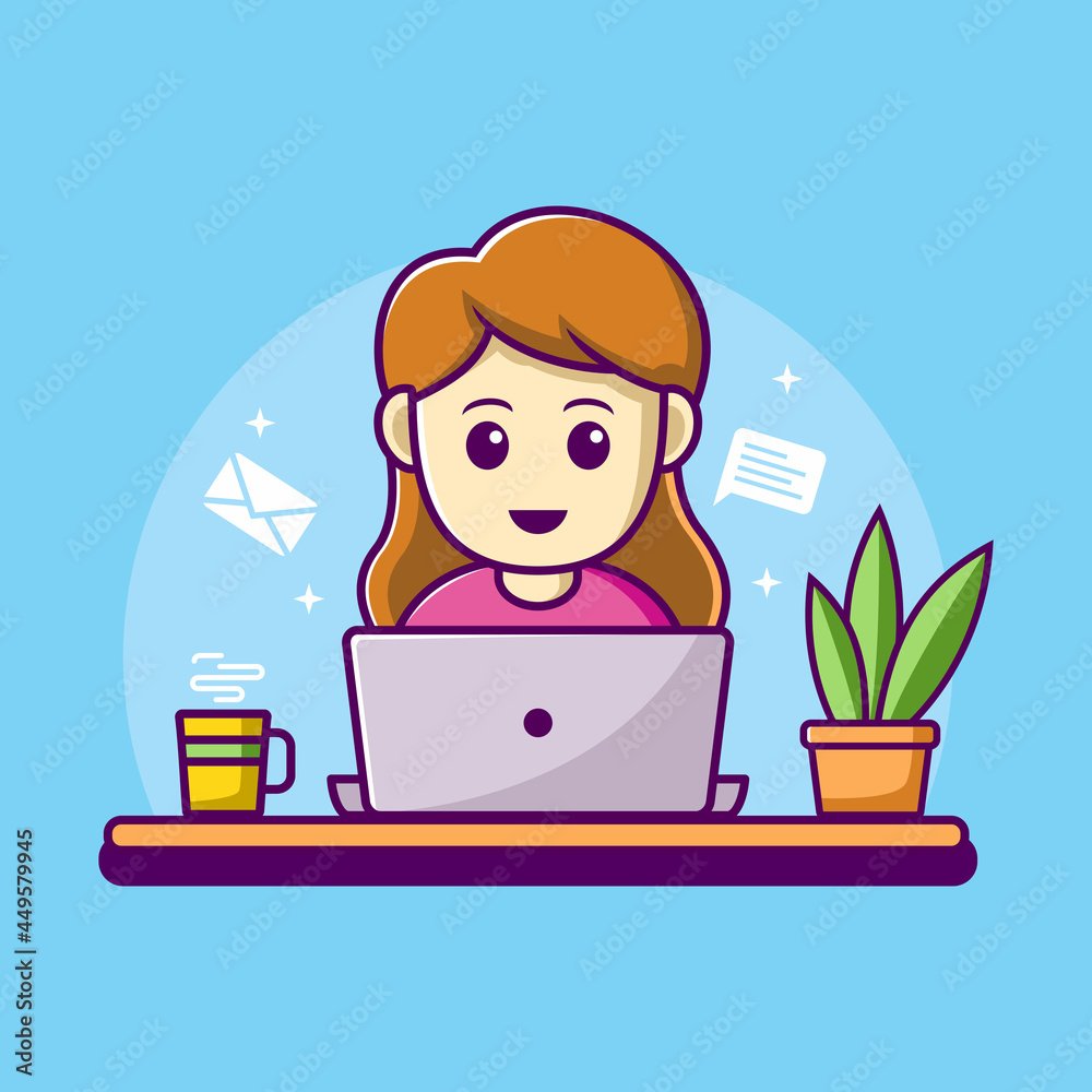 Woman working on laptop illustration. work from home cartoon character