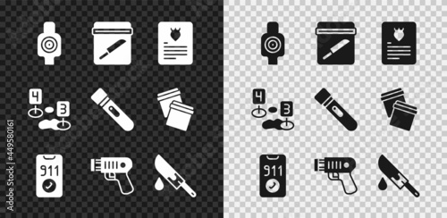 Set Human target sport for shooting, Evidence bag with knife, The arrest warrant, Telephone call 911, Police electric shocker, Bloody, Marker of crime scene and Flashlight icon. Vector