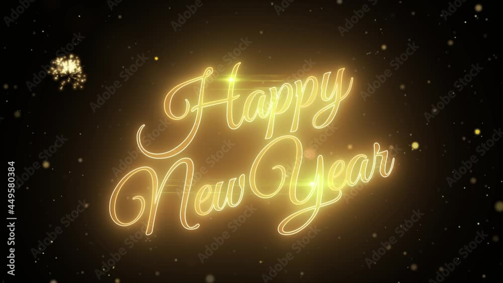 2022 Happy New Year greeting text with particles and sparks on black night sky motion fireworks on background. Glitter Magic Particles Sparks for Celebration, Wishes, Events, holiday, festival 2022 Happy New Year greeting text with particles and sparks on black night sky motion fireworks on background. Glitter Magic Particles Sparks for Celebration, Wishes, Events, holiday, festival